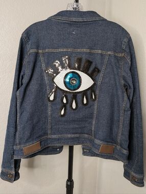 Women’s Dark Blue Denim Jean Jacket with Patch Details